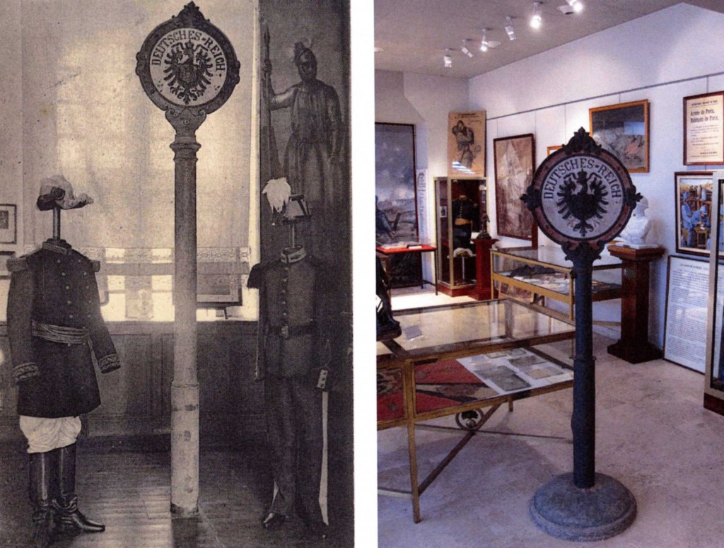 A gauche, le poteau frontière au musée du souvenir à Saint-Cyr l'Ecole. A droite, le même poteau au musée du Souvenir à Coëtquidan. 